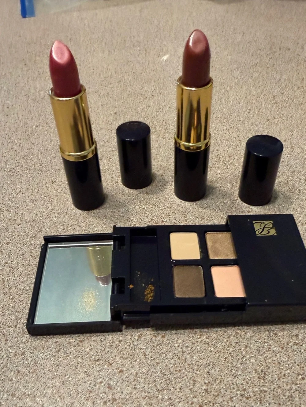 Estee Lauder candy and bois de rose Lipstick Set with Neutral Shadow Quad